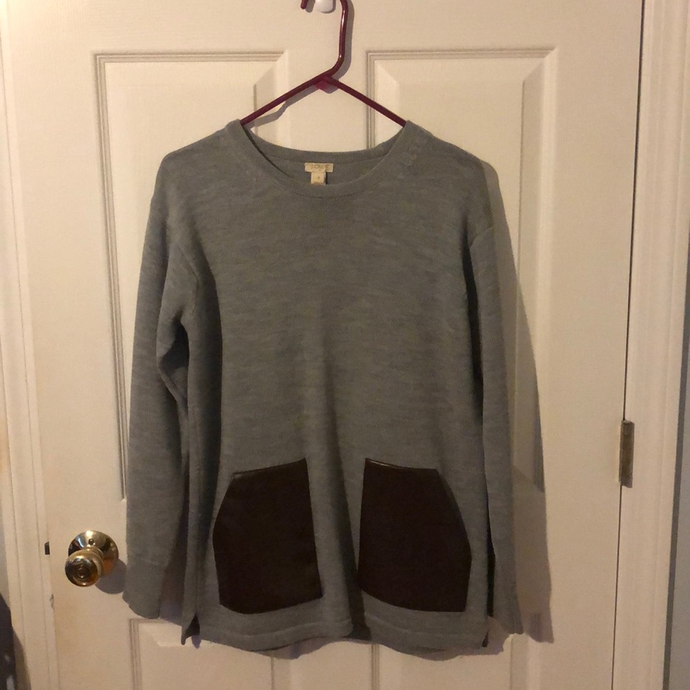 J.Crew Grey Long Sweater-Brown Leather Pockets